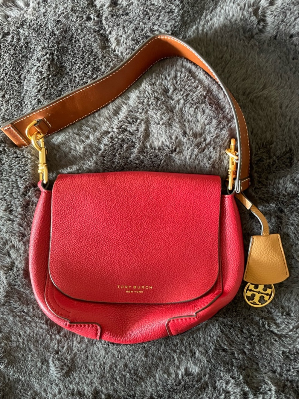 Tory Burch Red Pebbled Leather Shoulder Bag with Tan Strap